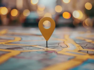 a compass resting on a map highlighting local streets and landmarks.