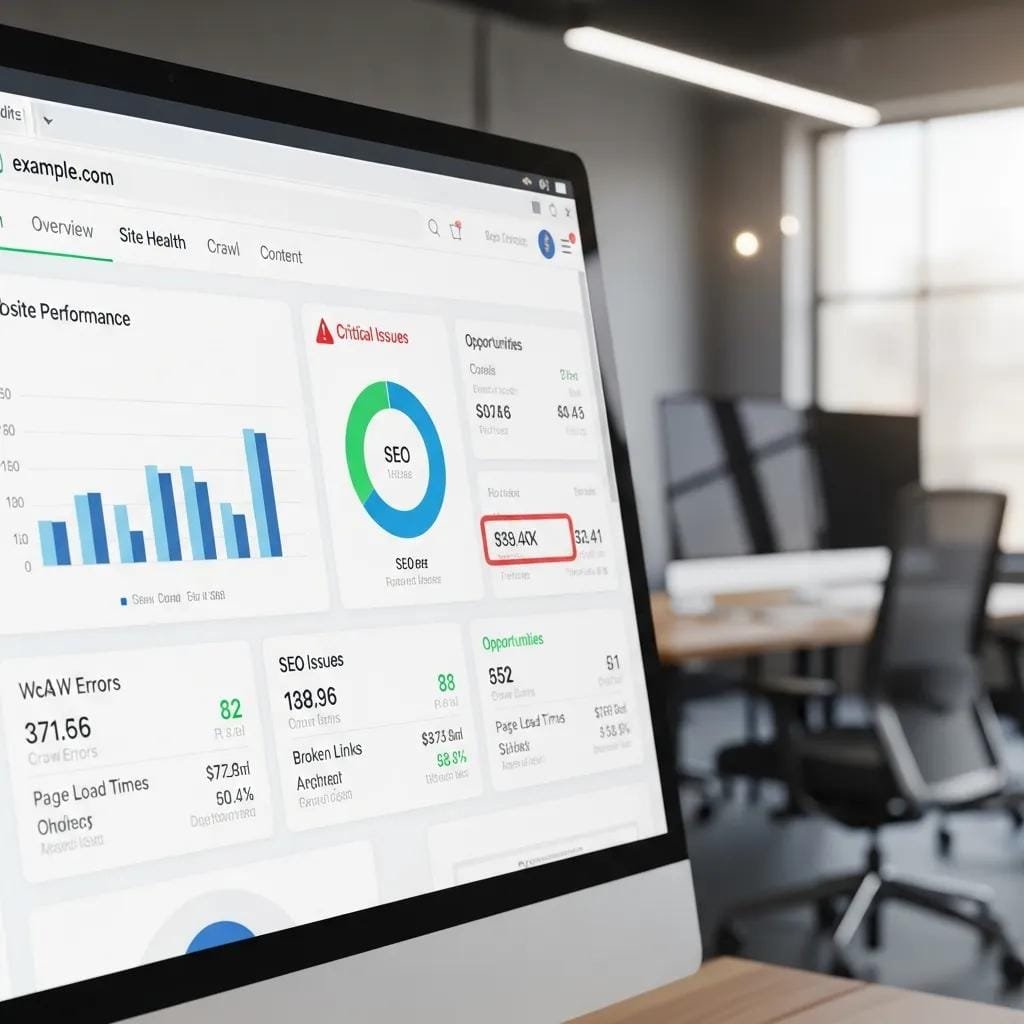 Website audit on a screen &mdash; technical SEO checks for crawlability and indexability