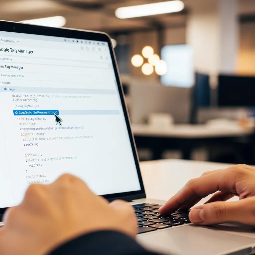 Laptop showing a Google Tag Manager code snippet being copied into a website