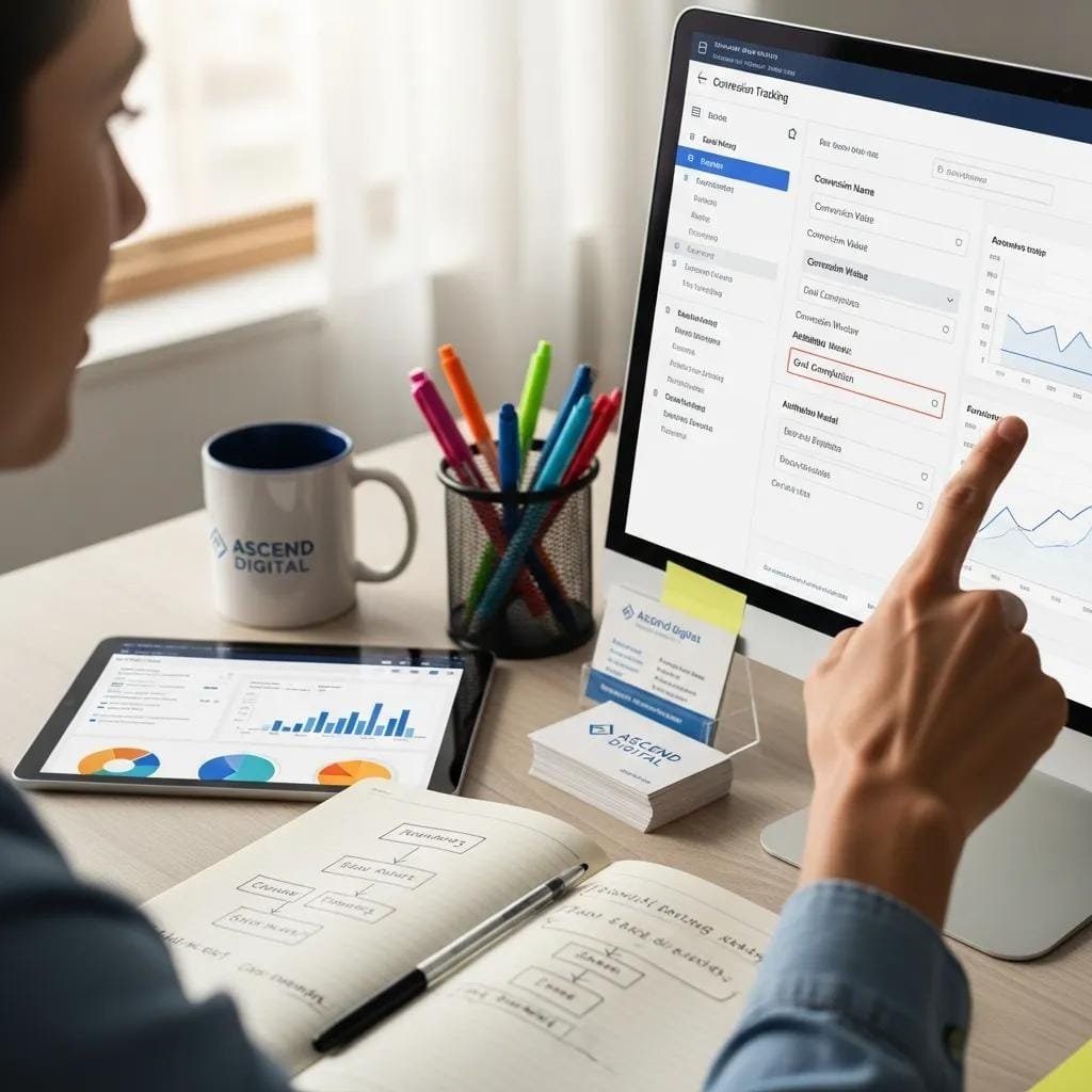Computer screen displaying conversion tracking setup for Google Ads campaigns
