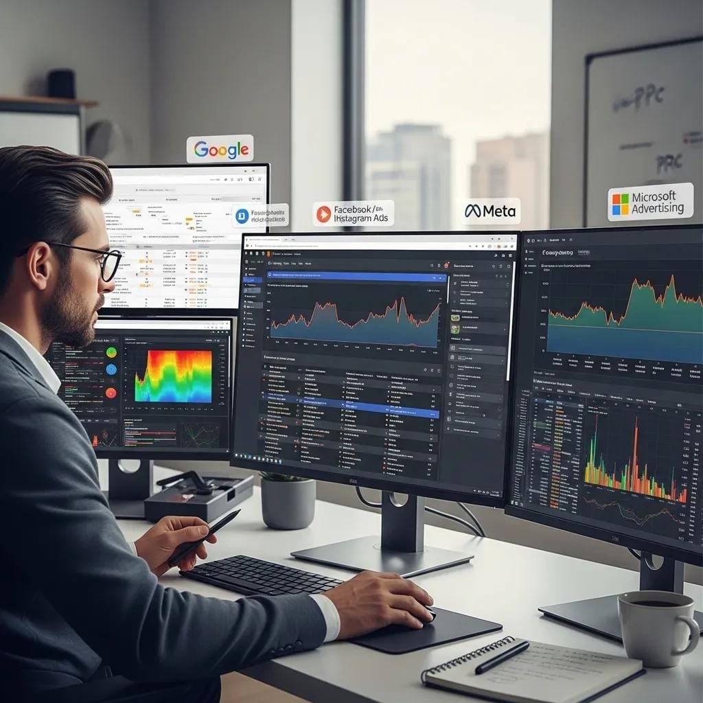 Marketing specialist reviewing PPC campaign metrics across multiple screens