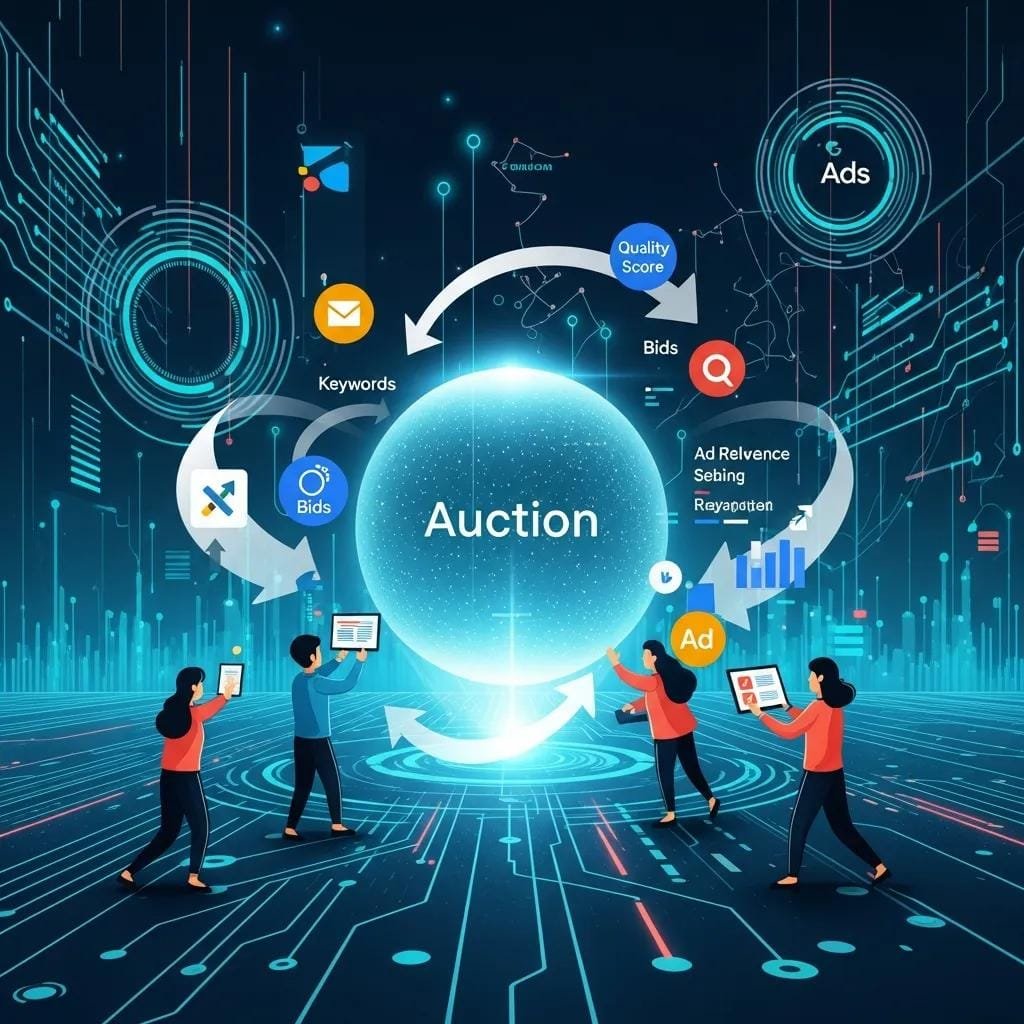 Illustration of a real‑time bidding auction to represent how Google Ads selects competing ads