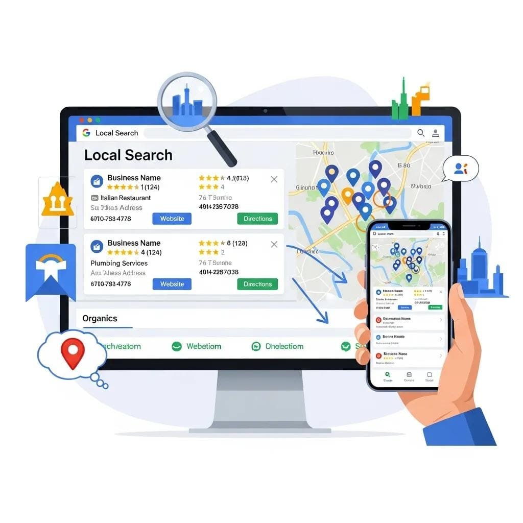 Diagram showing local pack results and a map to illustrate local search visibility