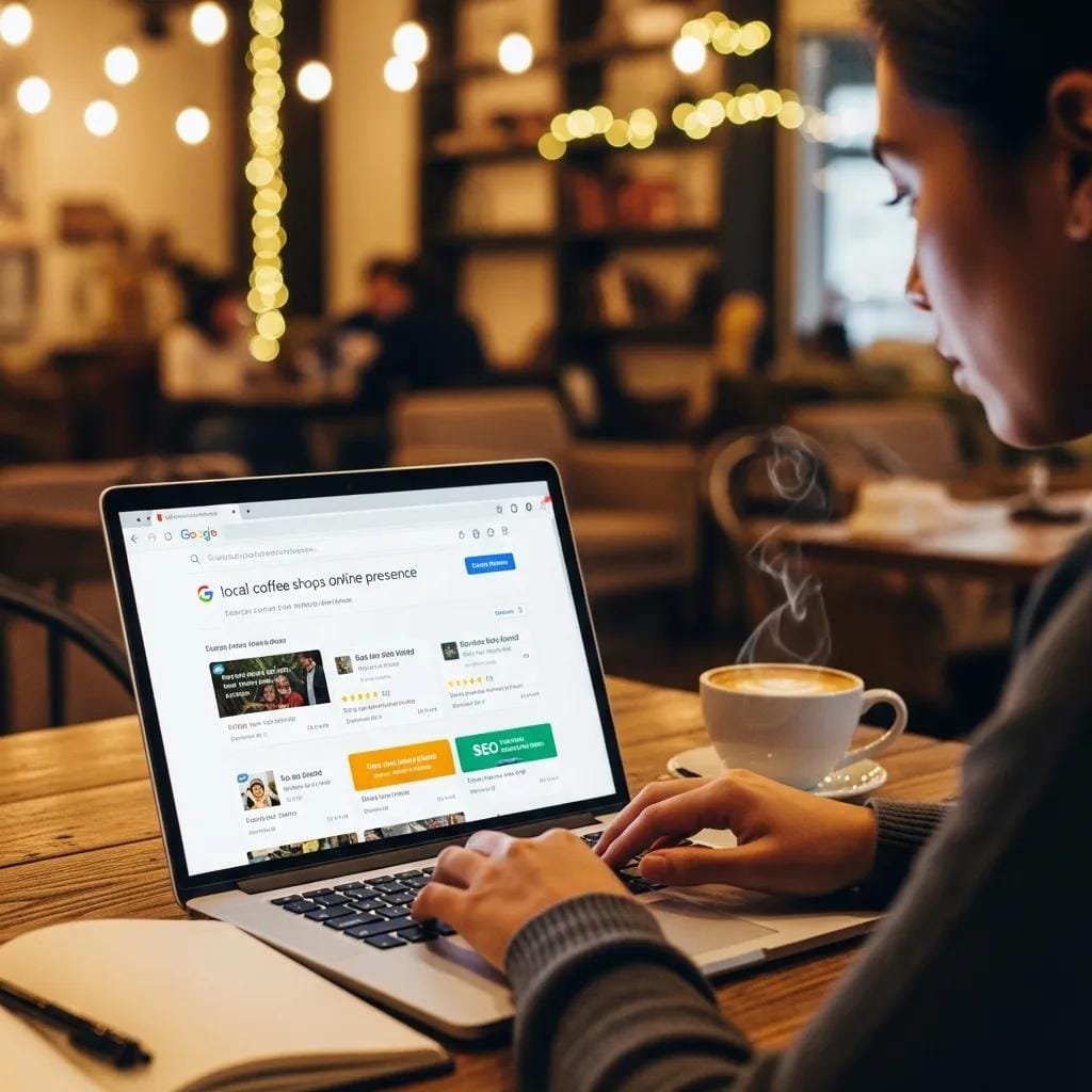 Contractor researching SEO best practices on a laptop in a café
