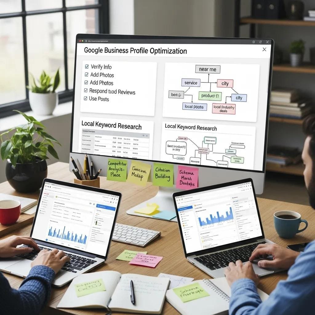 Marketing team working through local SEO strategies on a laptop and whiteboard