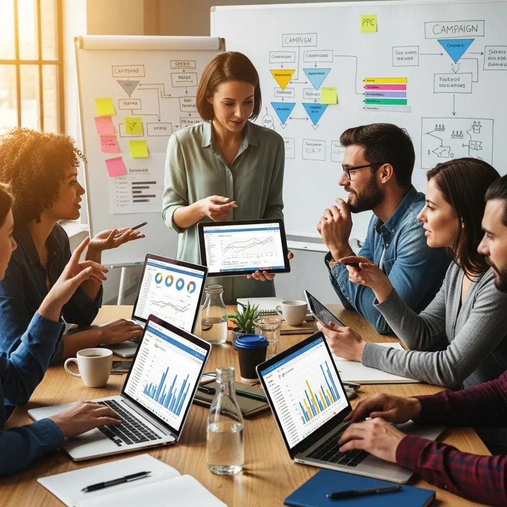 Team reviewing PPC campaign strategy at a meeting table