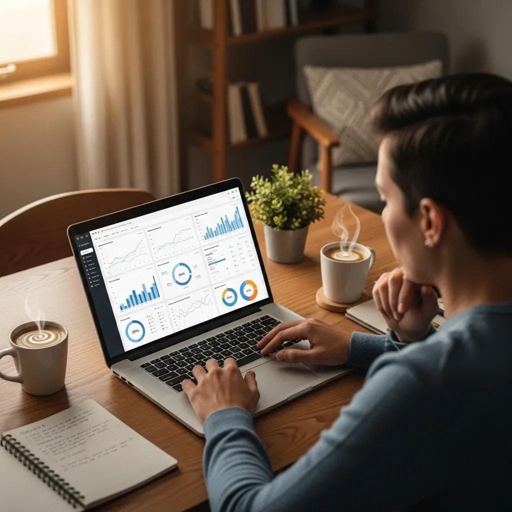 Person reviewing Google Analytics reports on a laptop in a comfortable workspace