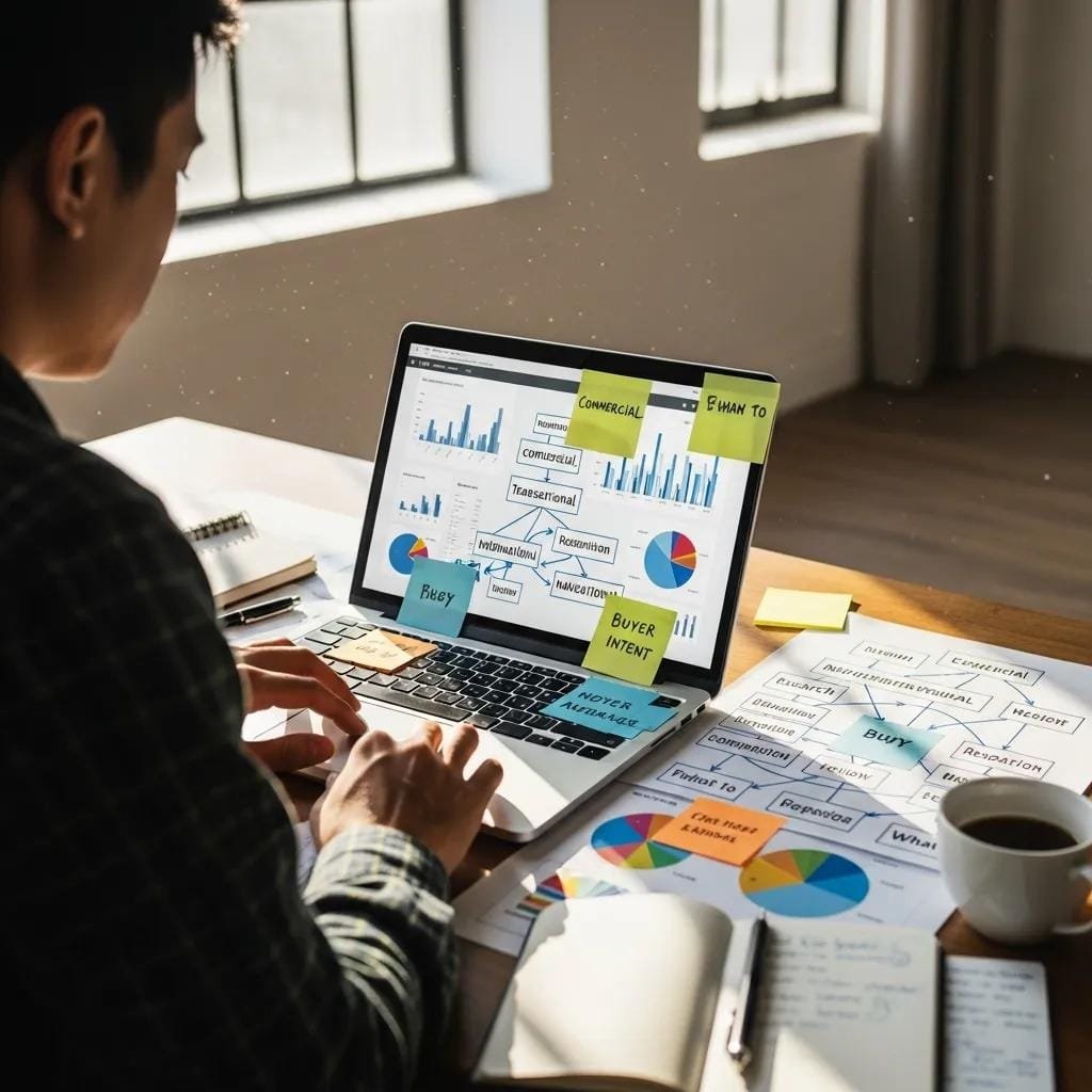 Person analyzing keyword data for SEO strategy with charts and notes