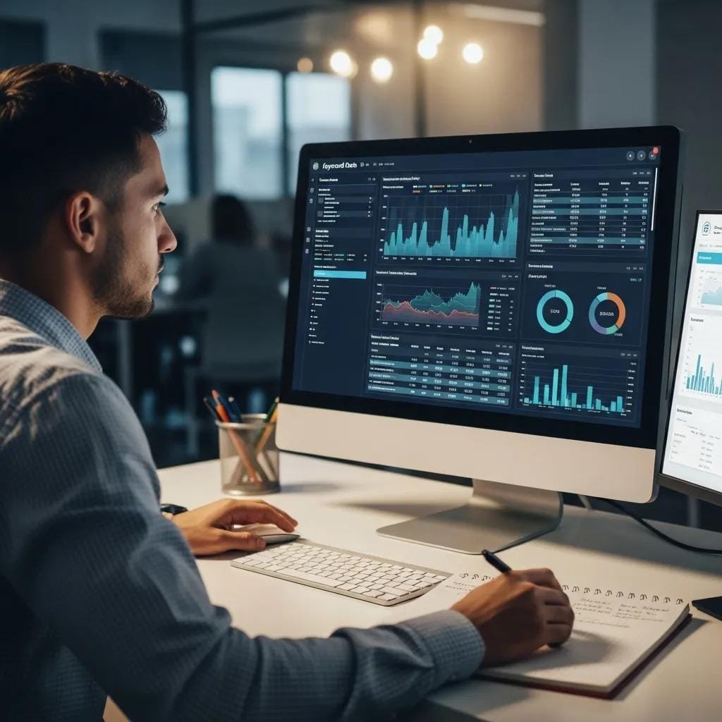 Person reviewing keyword data on a laptop screen in an office