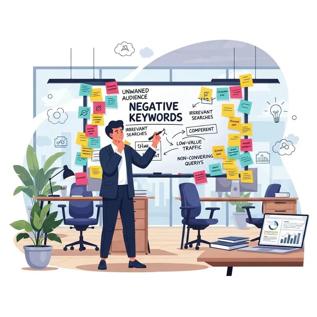 Person brainstorming negative keywords to stop irrelevant Google Ads clicks