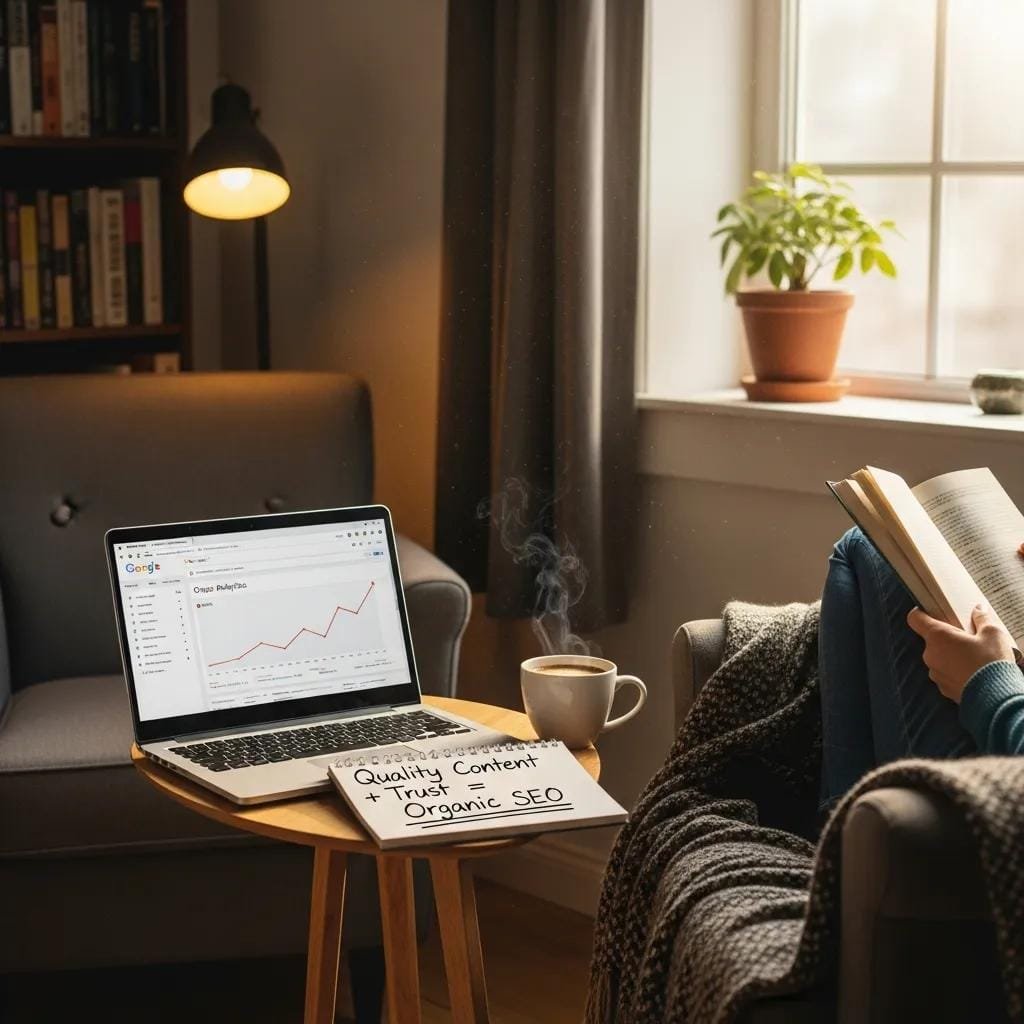 Contractor reviewing organic SEO results on a laptop in a relaxed setting