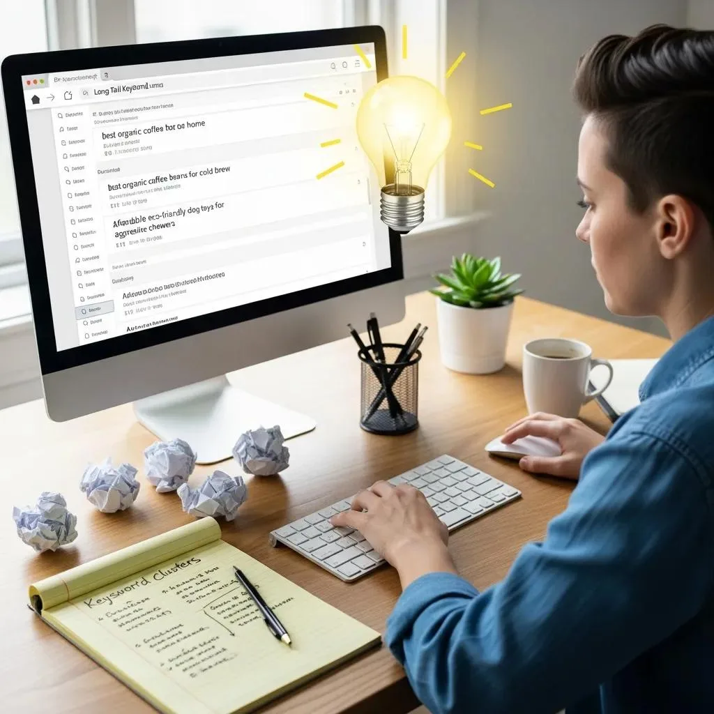 Person researching long tail keywords on a computer with a notepad, highlighting the process of finding effective keywords