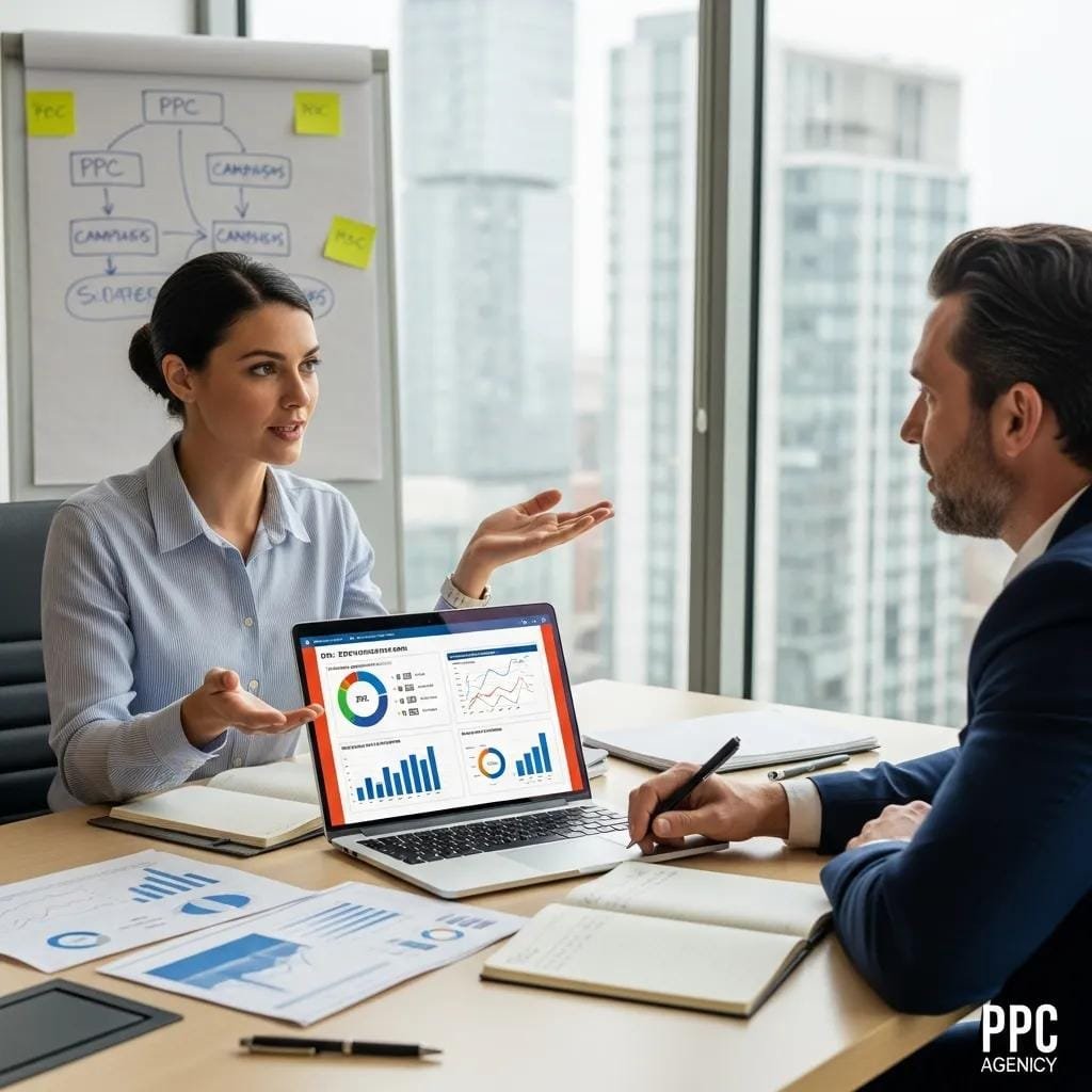 Account manager reviewing PPC strategy with a contractor in a client meeting