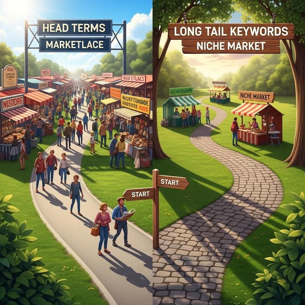 Visual contrast between head terms and long tail keywords, illustrating their differences in market competition