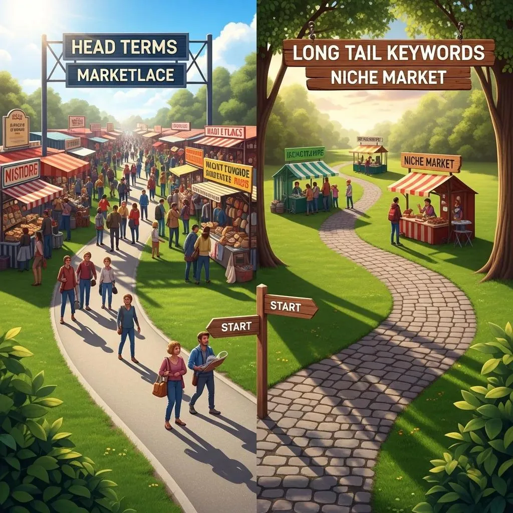 Visual contrast between head terms and long tail keywords, illustrating their differences in market competition