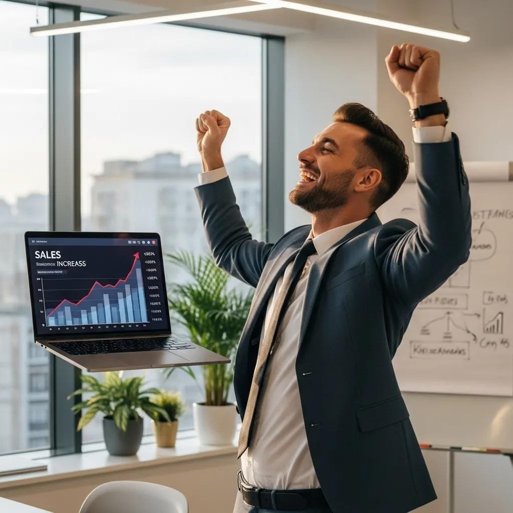 A business owner celebrating sales growth while reviewing a rising performance chart on a laptop, showing blogging results