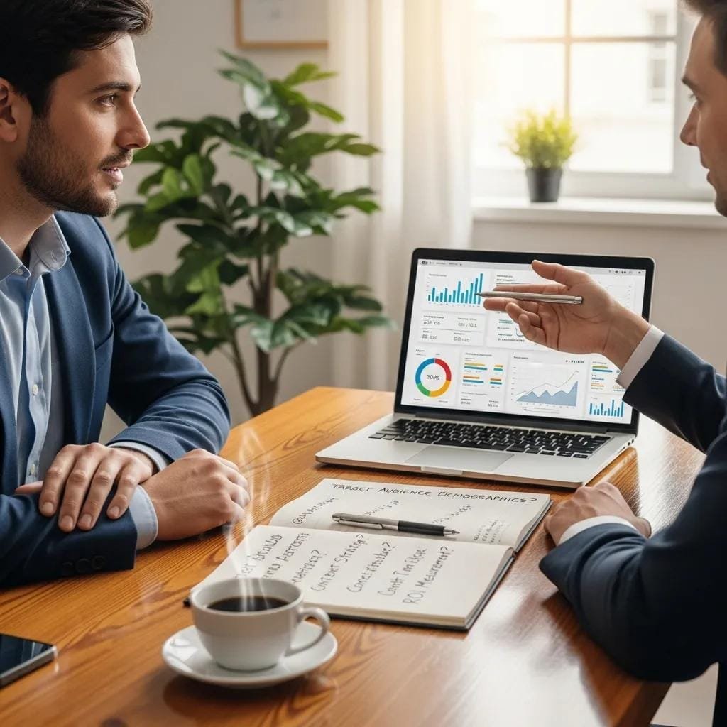 Consultant and business owner reviewing social media strategy questions