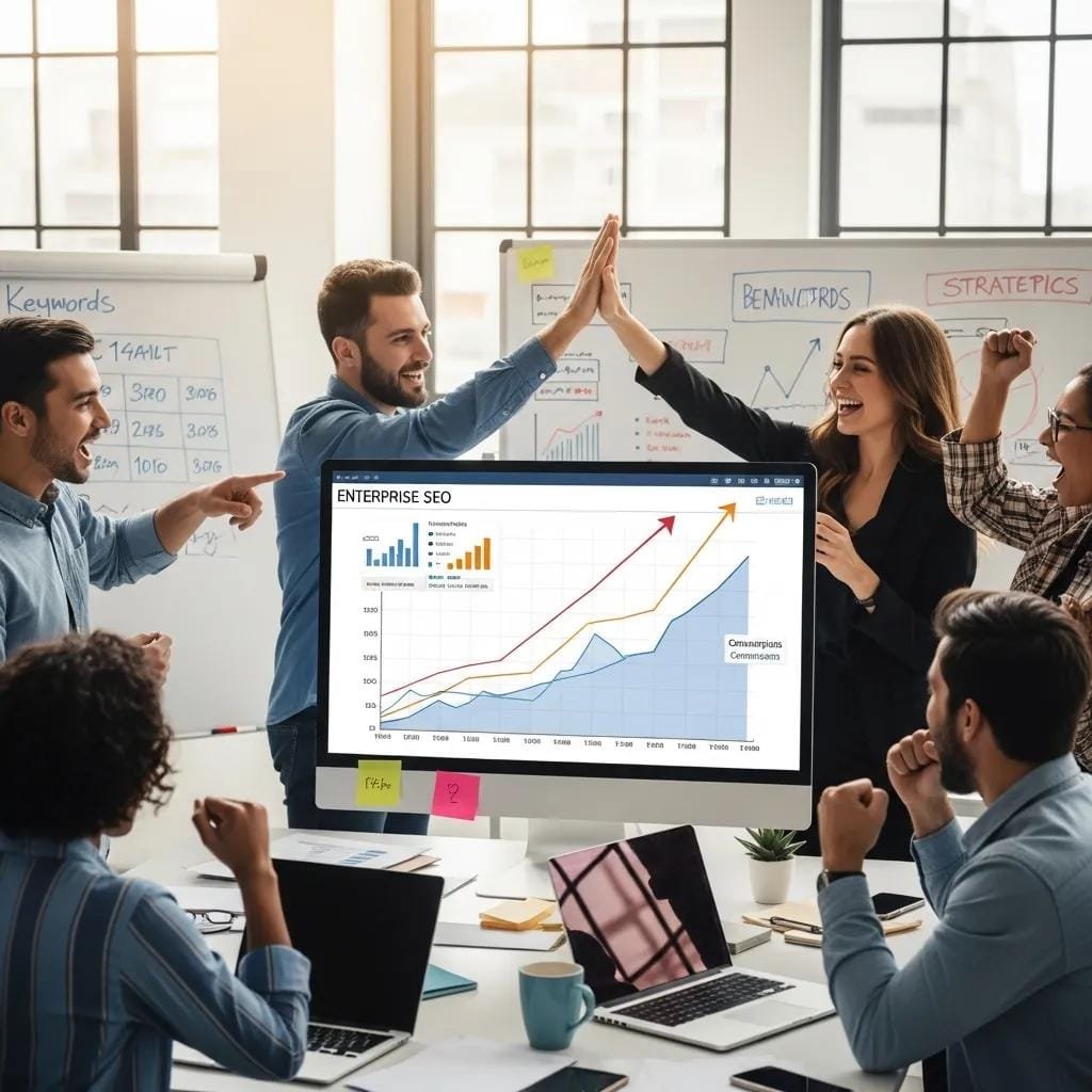 Team celebrating measurable gains in traffic and leads from enterprise SEO