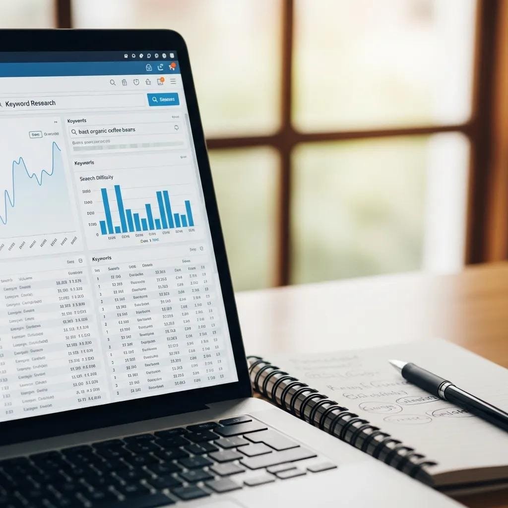 Close-up of keyword research tools and analysis on a laptop