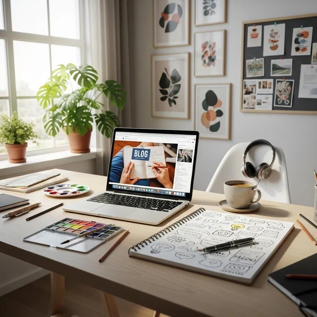 Workspace with laptop and notes for creating original content