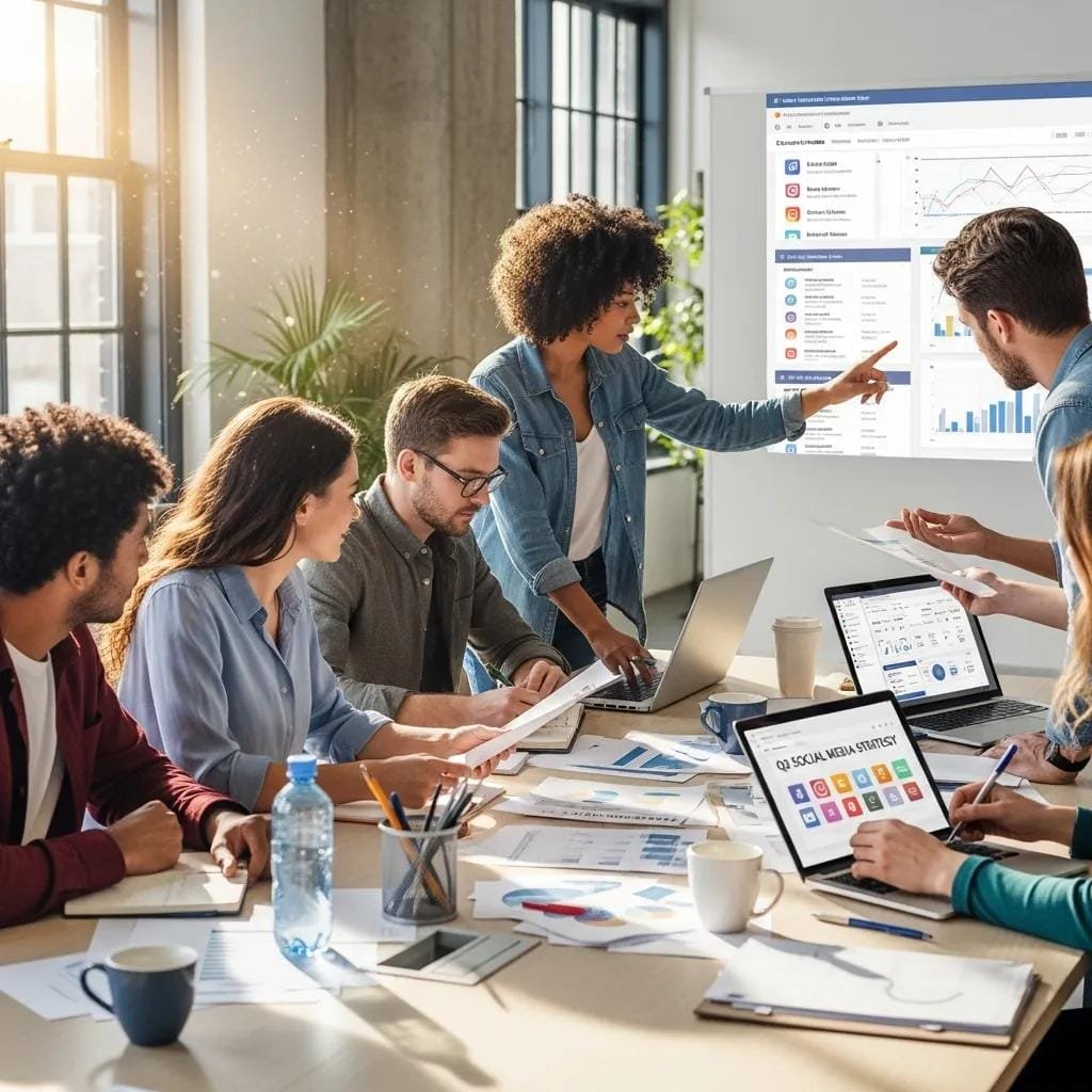 Small contractor team mapping a social media plan together in an office