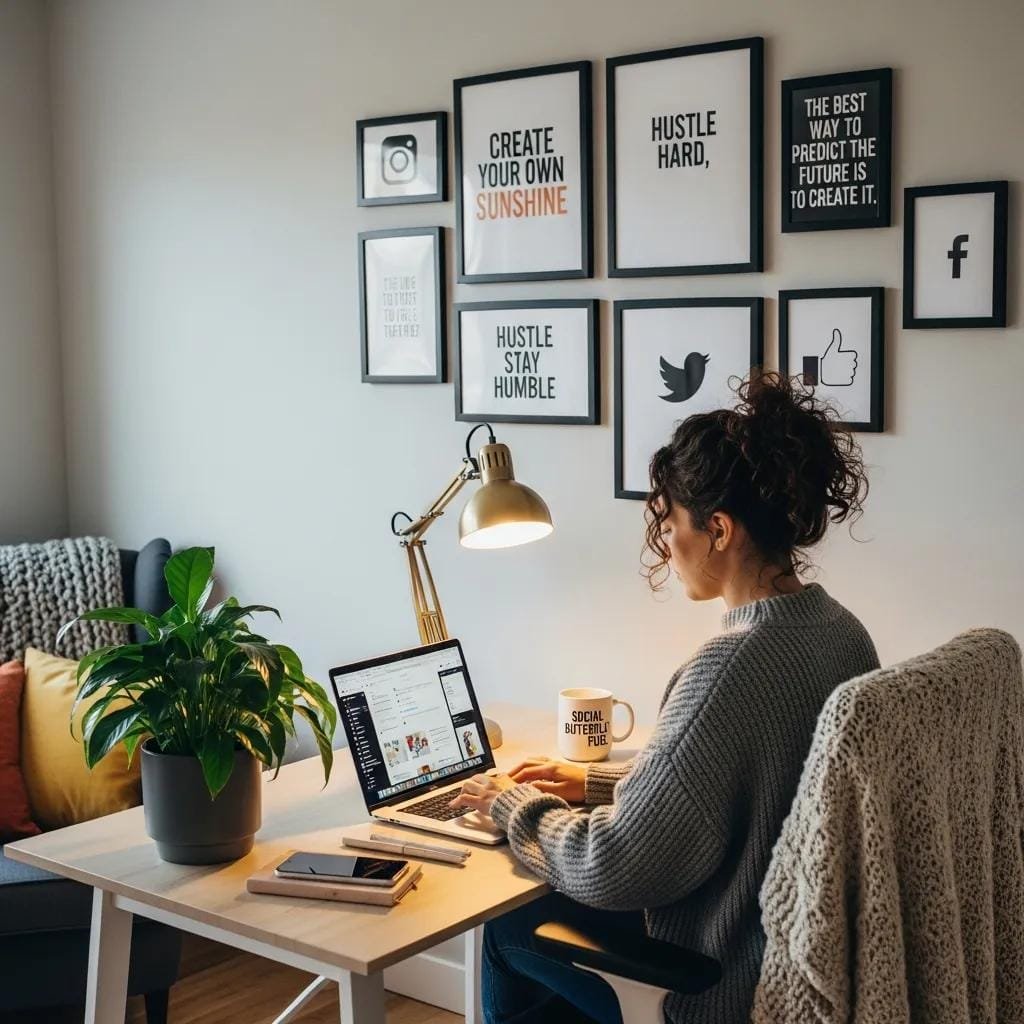Freelance social media marketer working remotely with social tools
