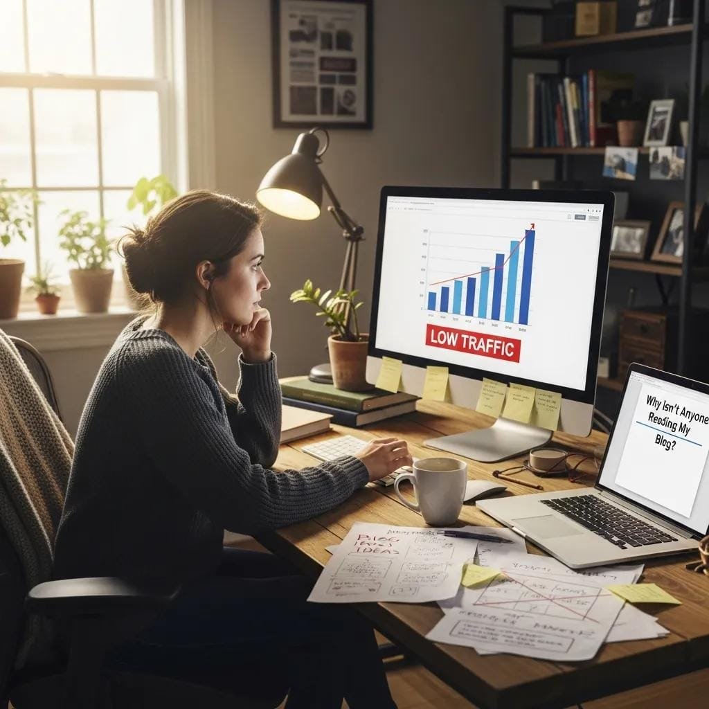 A frustrated small business owner at a home office desk, considering why their website and blog aren&rsquo;t bringing in customers