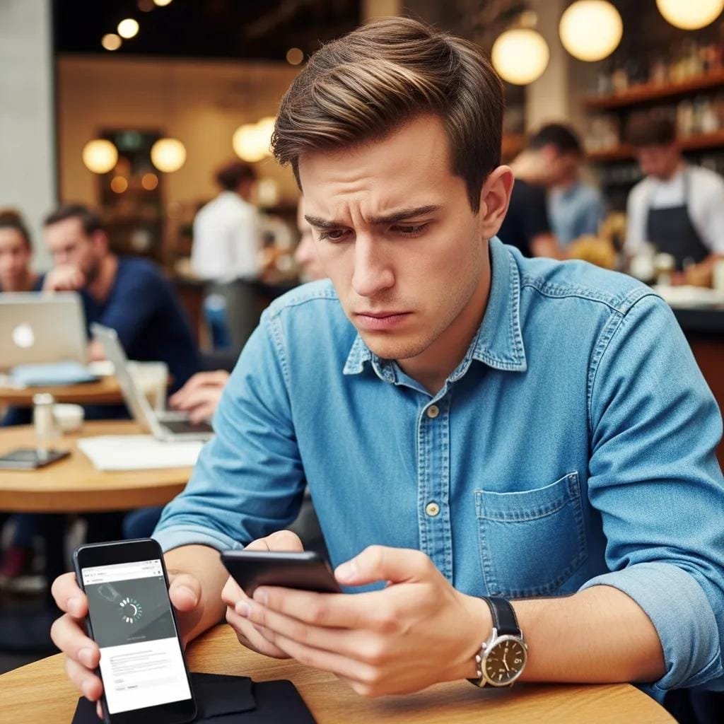 User frustrated by slow mobile page loads while using a phone in a café