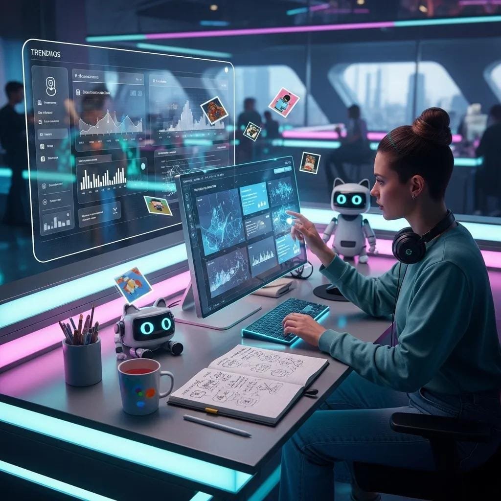 Workspace with AI content tools to speed up marketing for contractors