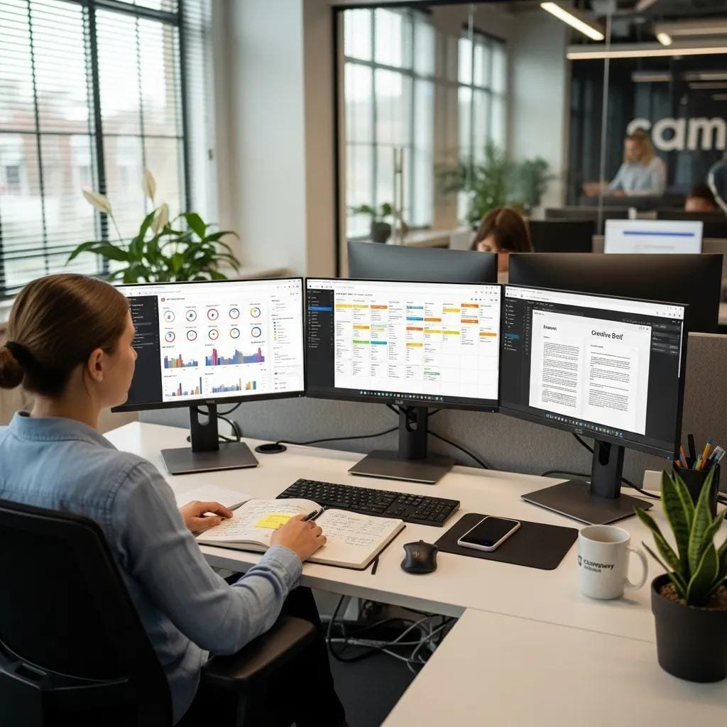 In‑house social media marketer reviewing analytics and a content calendar