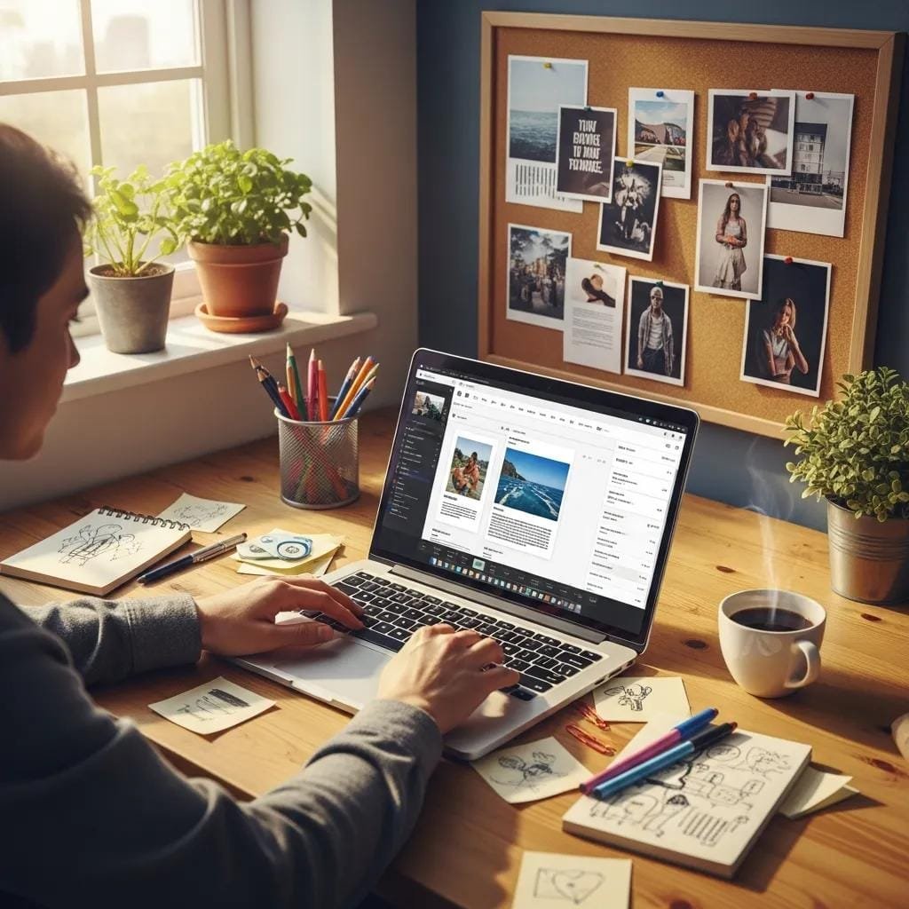 Creator producing a short service video and social posts in a comfortable workspace