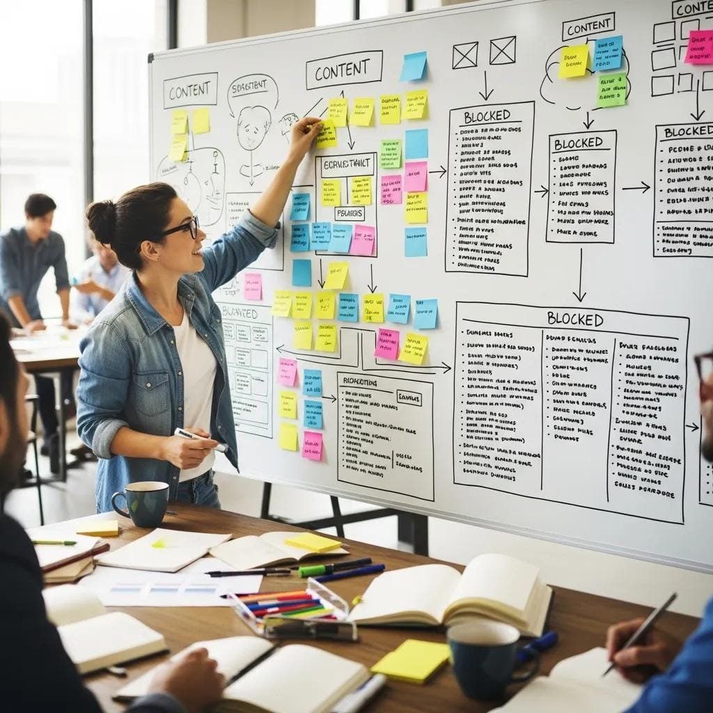 Person organizing content structure with sticky notes on a whiteboard