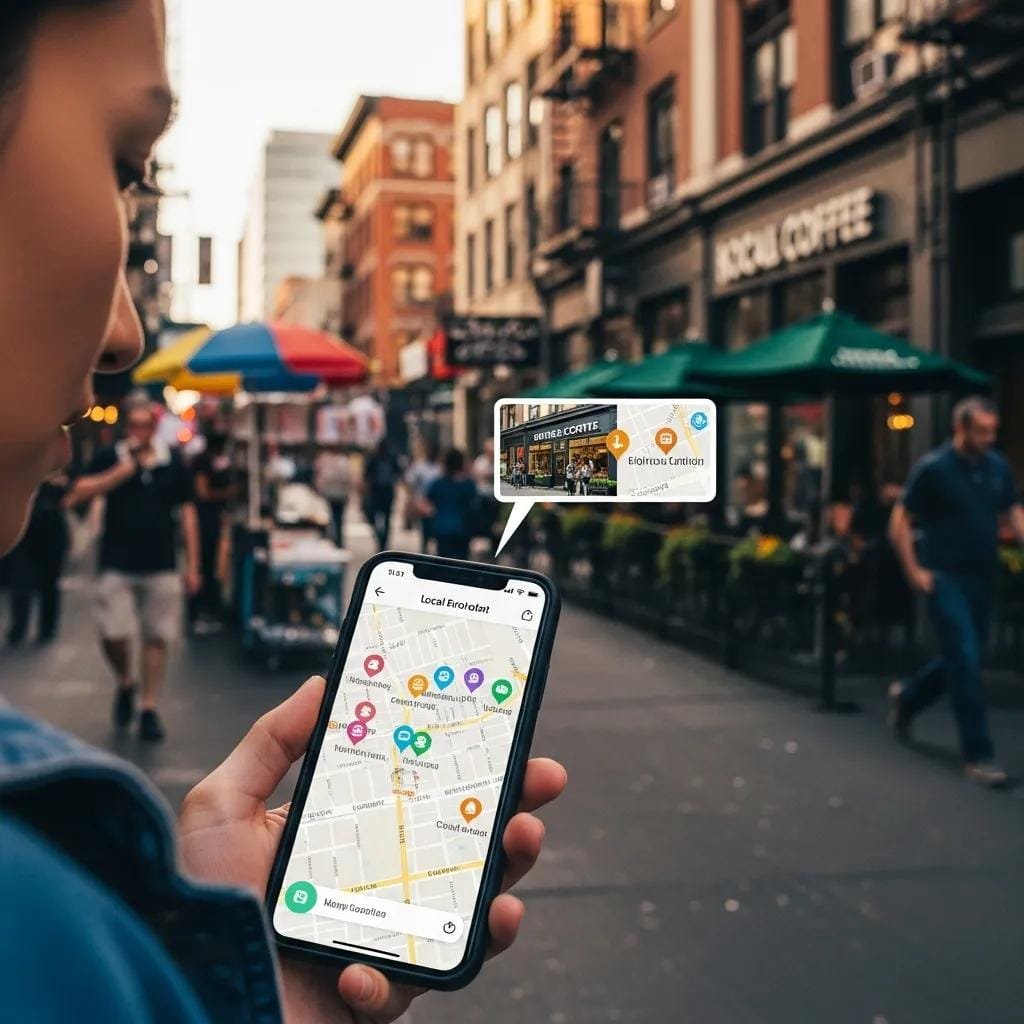 Person using a smartphone to find nearby businesses on a map in the city