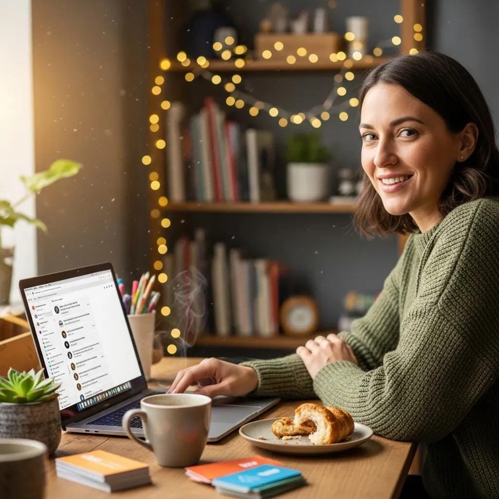 Owner of a local trade business engaging with customers online from a comfortable workspace, emphasizing community connections