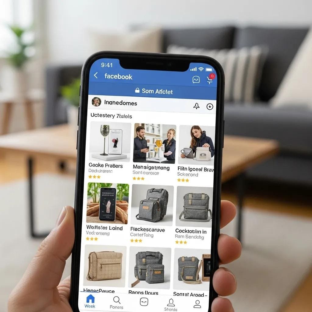 A mobile phone showing a Facebook carousel ad with multiple service photos