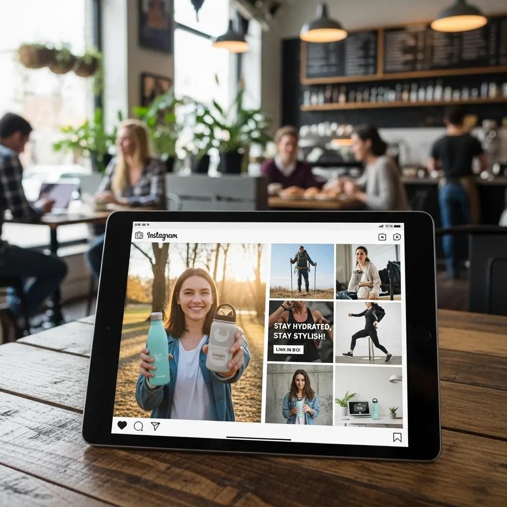 A tablet displaying an Instagram ad featuring authentic customer content