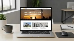 Laptop displaying a modern contractor website in a tidy workspace