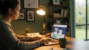 Small-business owner adjusting a mobile website on a laptop in a cozy office