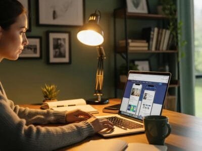 Small-business owner adjusting a mobile website on a laptop in a cozy office