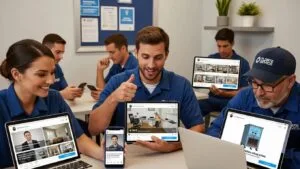 Home service professionals viewing social content on multiple devices, showing the draw of viral marketing