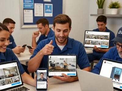 Home service professionals viewing social content on multiple devices, showing the draw of viral marketing