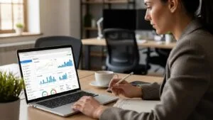 Marketing specialist reviewing PPC campaign metrics on a laptop in an office