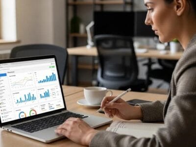 Marketing specialist reviewing PPC campaign metrics on a laptop in an office