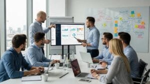 Team of contractors planning SEO and paid ad strategies in a bright office
