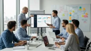 Team of contractors planning SEO and paid ad strategies in a bright office