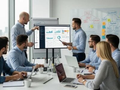 Team of contractors planning SEO and paid ad strategies in a bright office