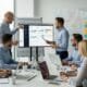Team of contractors planning SEO and paid ad strategies in a bright office