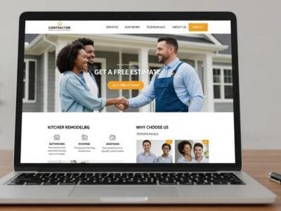 Contractor website on a laptop emphasizing homeowner-focused engagement