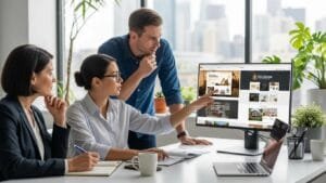 Professionals reviewing website style options for local contractors in a modern office