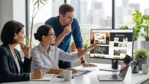 Professionals reviewing website style options for local contractors in a modern office